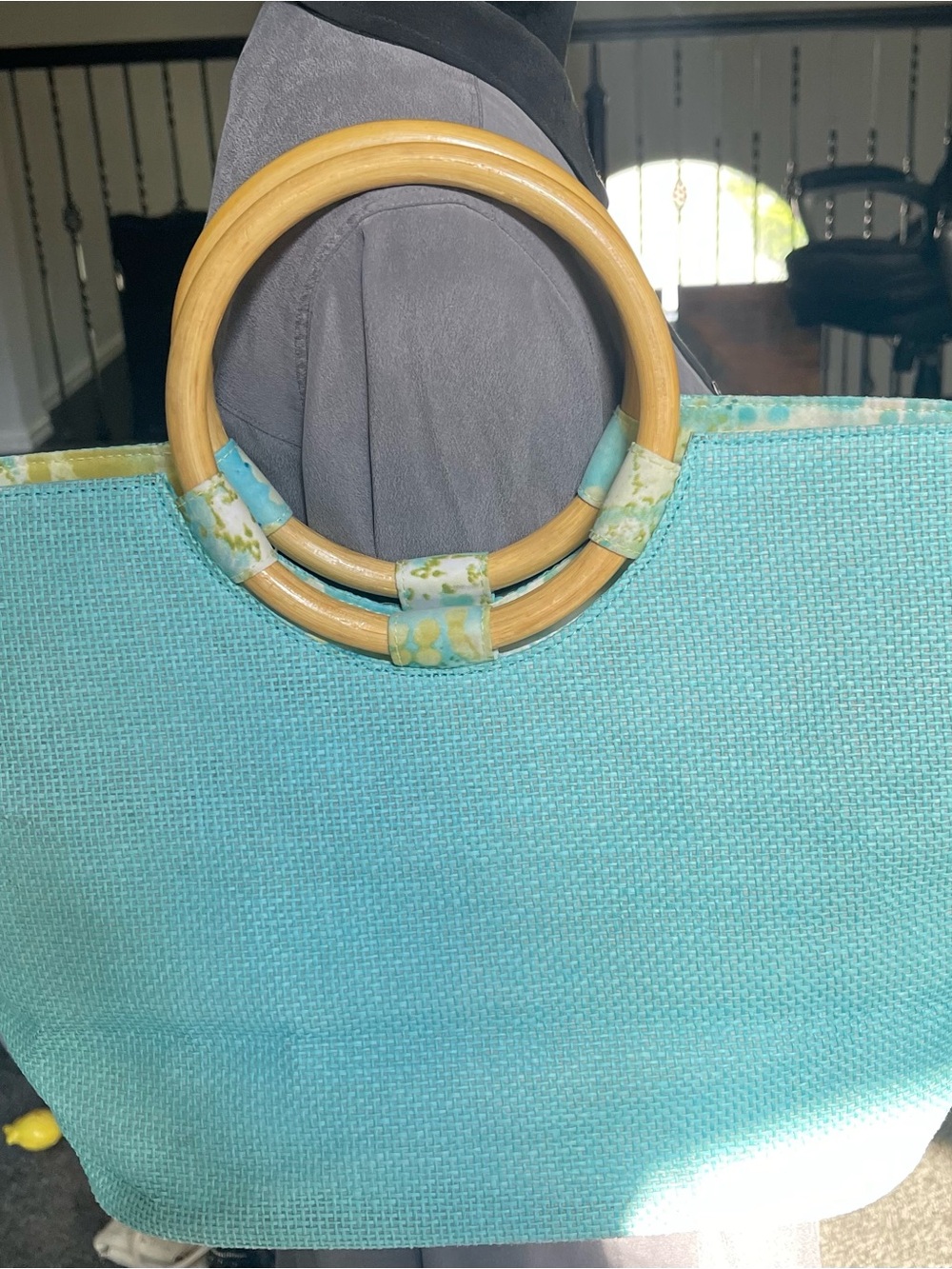 Neiman Marcus Aqua Woven Tote with Bamboo Ring Handles